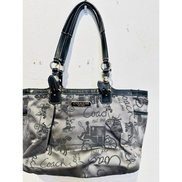 COACH Grey Black Stage Coach Horse Printed Fabric Y2K Leather Tote Handbag - Picture 2 of 15